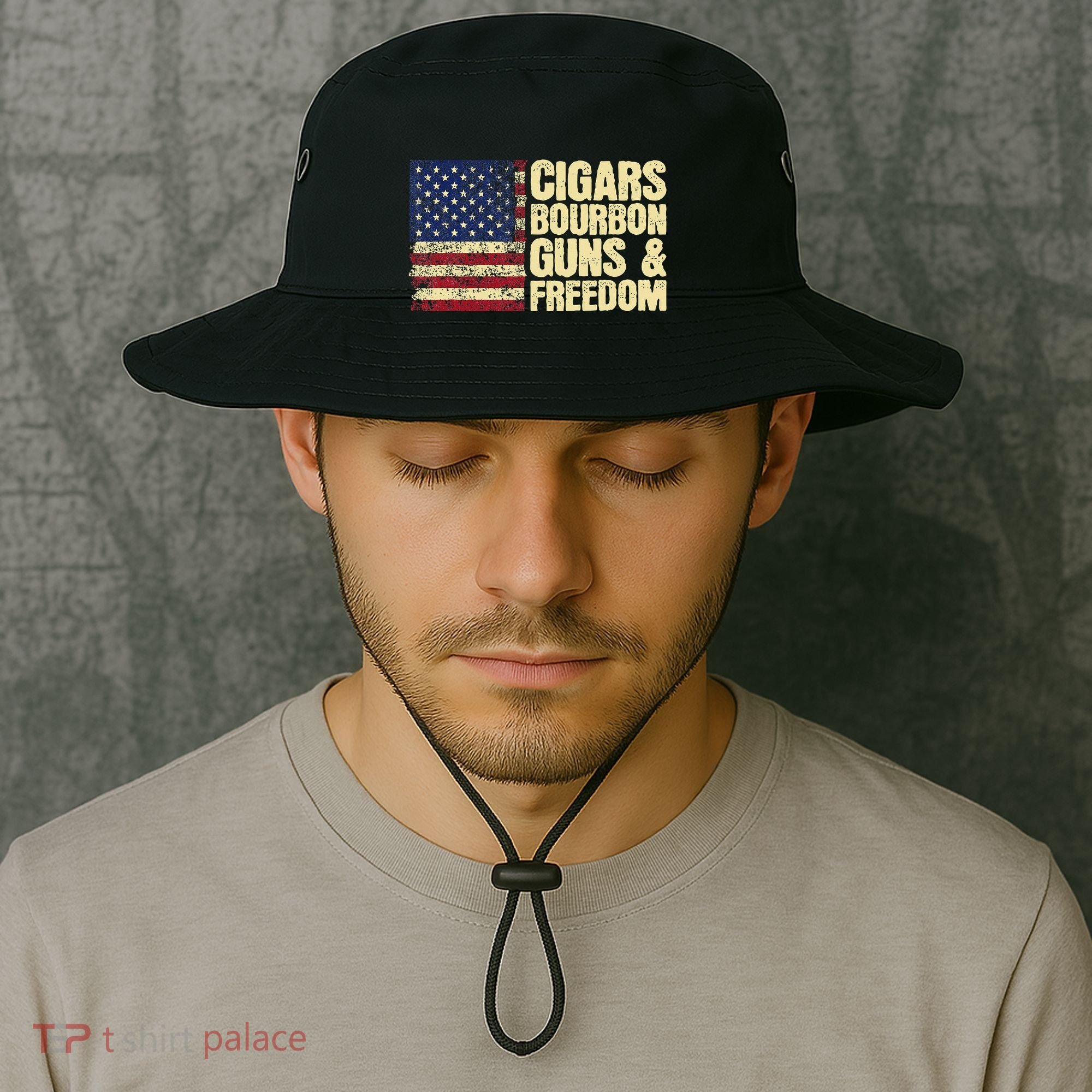 Cigars Bourbon Guns And Freedom American Flag Bucket Hat