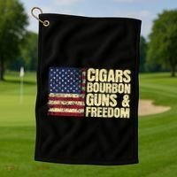 Cigars Bourbon Guns And Freedom American Flag Golf Towel thumb 1