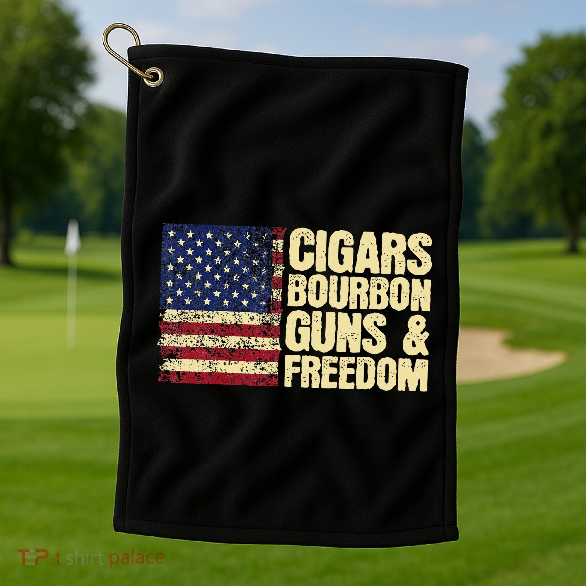 Cigars Bourbon Guns And Freedom American Flag Golf Towel