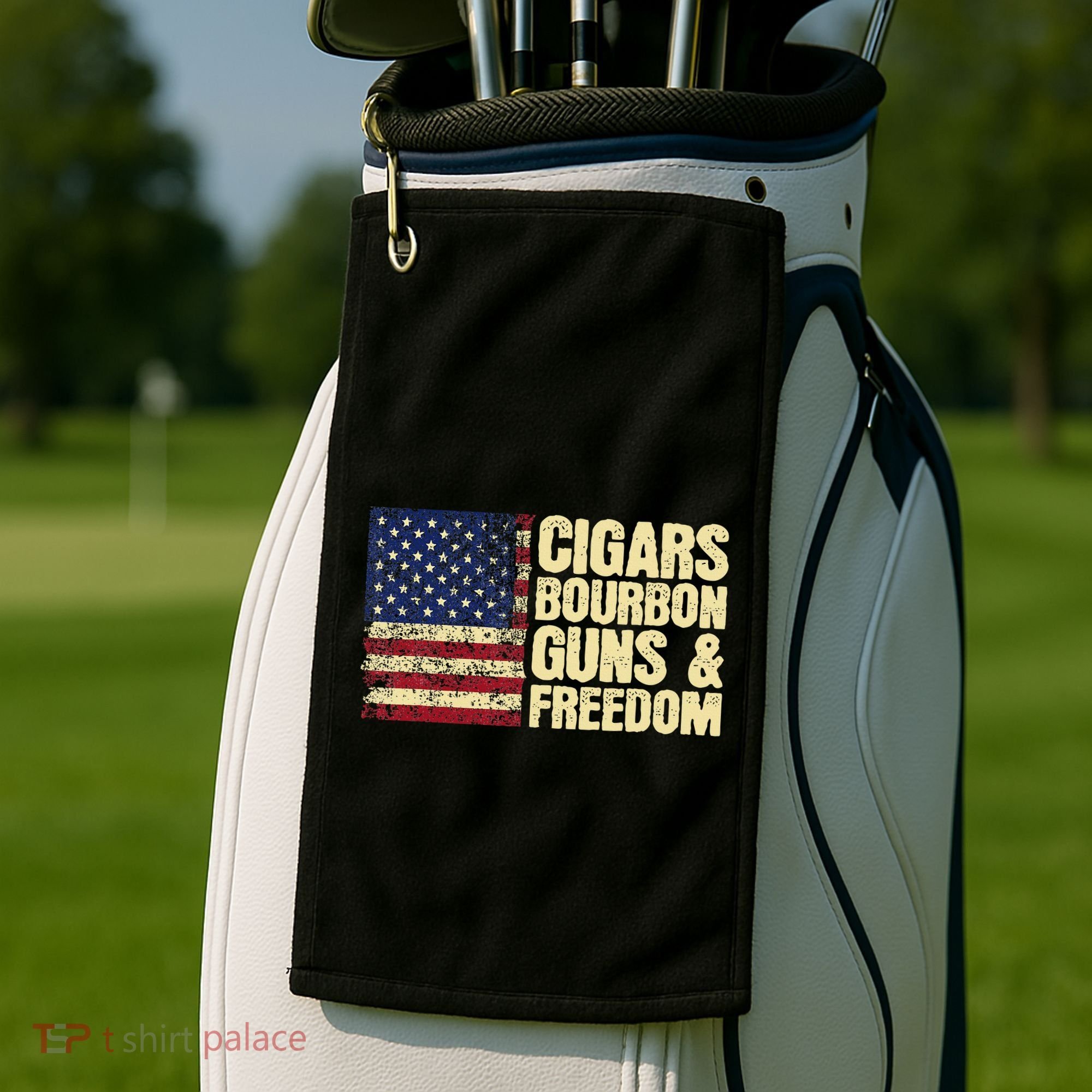 Cigars Bourbon Guns And Freedom American Flag Golf Towel