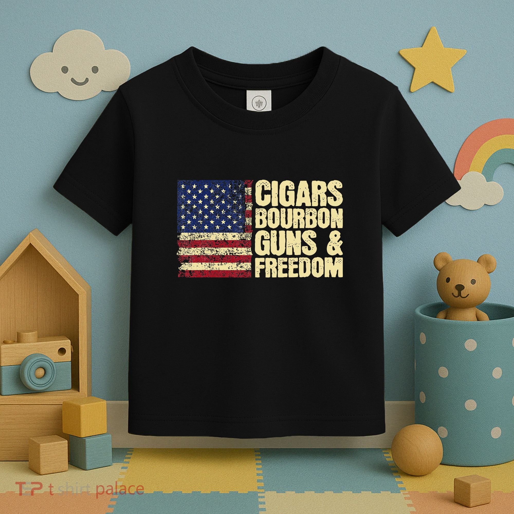 Cigars Bourbon Guns And Freedom American Flag Toddler T-Shirt