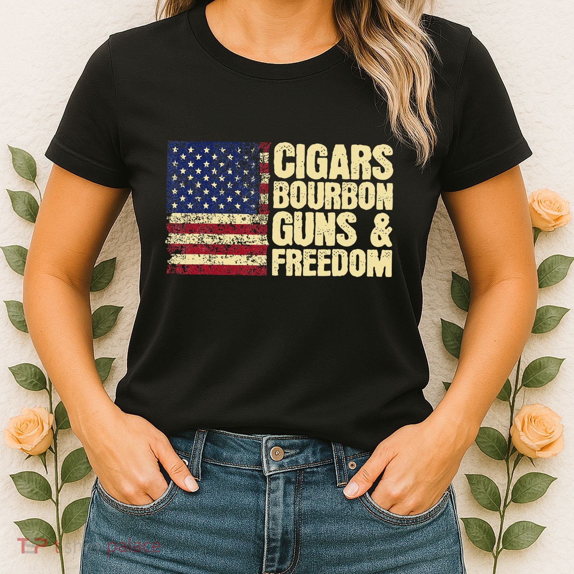 Cigars Bourbon Guns And Freedom American Flag Women's T-Shirt