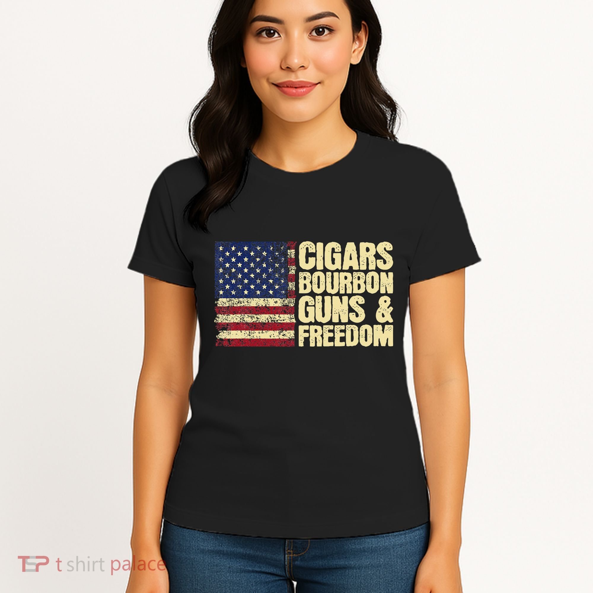 Cigars Bourbon Guns And Freedom American Flag Women's T-Shirt