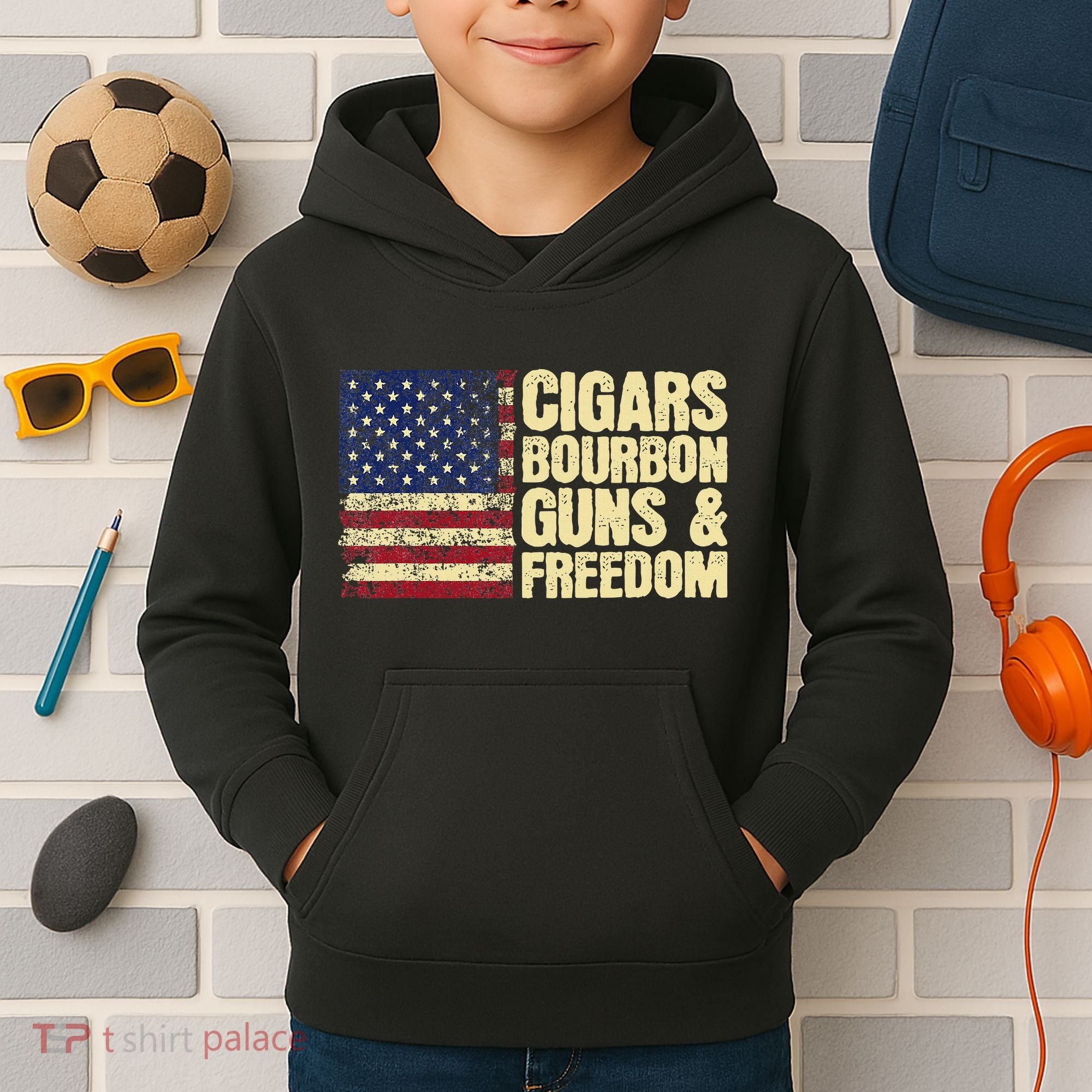 Cigars Bourbon Guns And Freedom American Flag Kids Hoodie