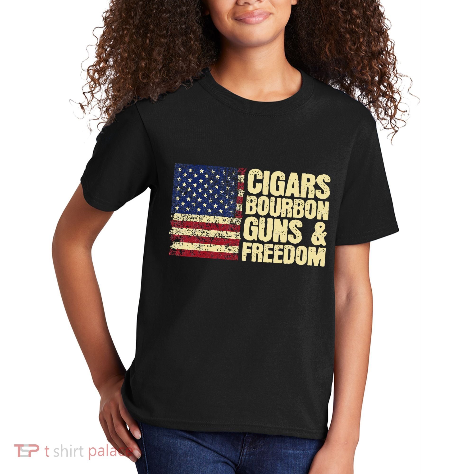Cigars Bourbon Guns And Freedom American Flag Kids T-Shirt