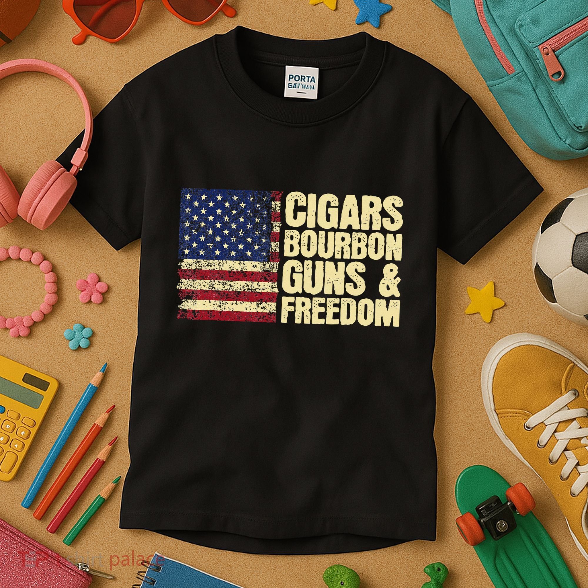 Cigars Bourbon Guns And Freedom American Flag Kids T-Shirt