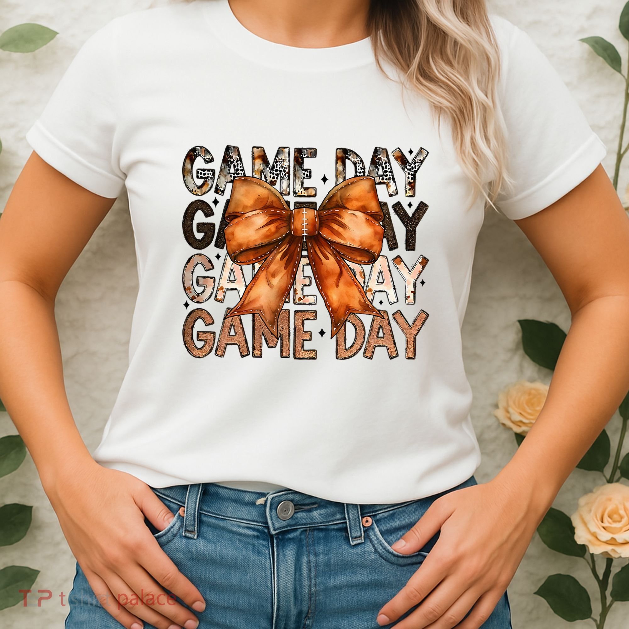 Coquette Bow Game Day American Football Autumn Thanksgiving Women's T-Shirt