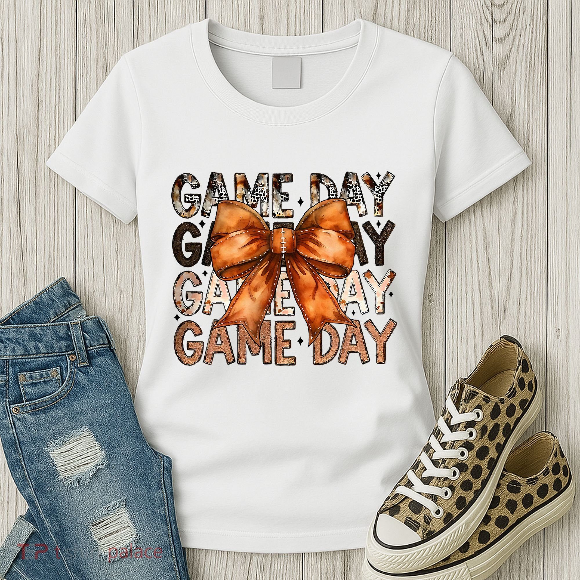 Coquette Bow Game Day American Football Autumn Thanksgiving Women's T-Shirt