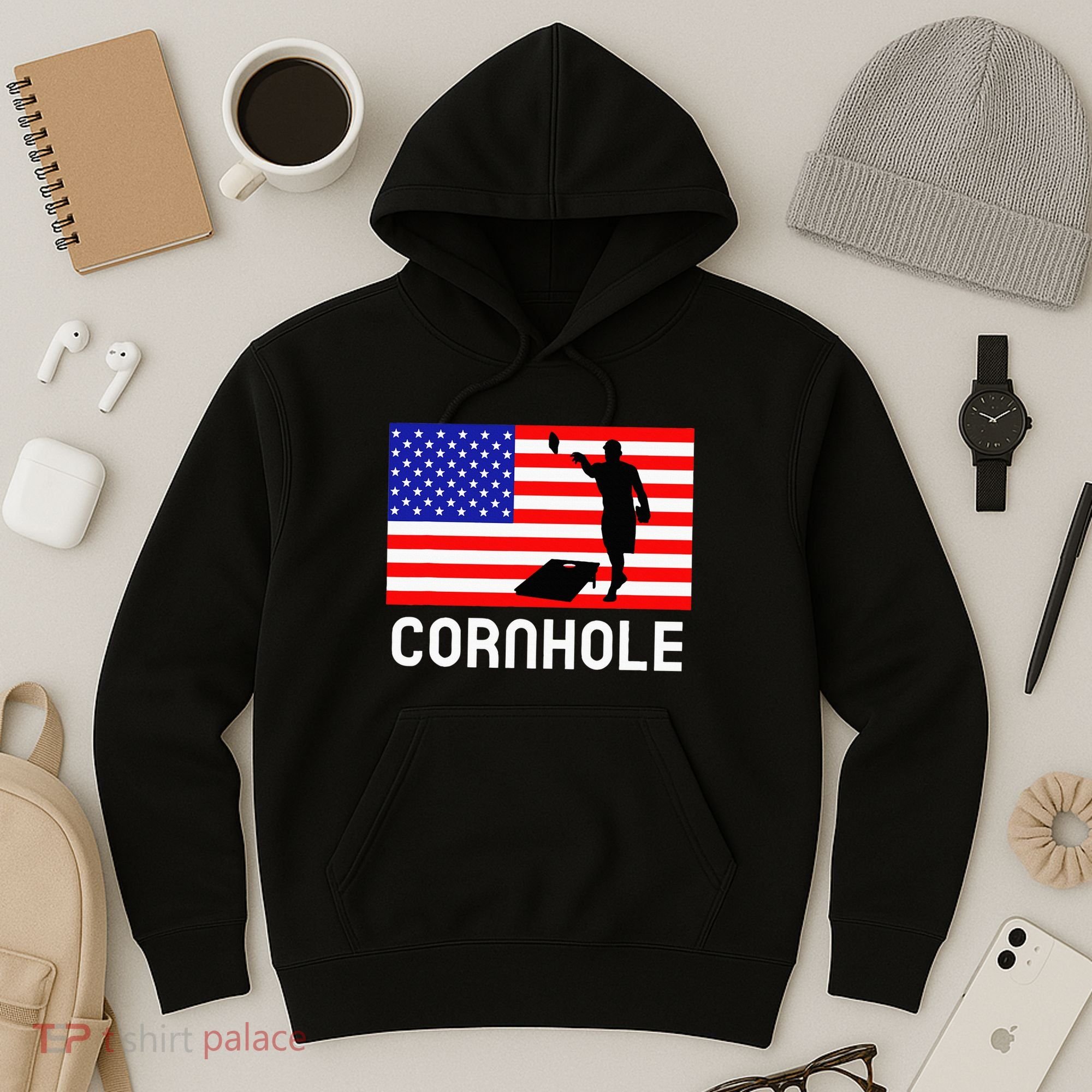 Cornhole Board Game Women American Flag Corn Hole Player Hoodie