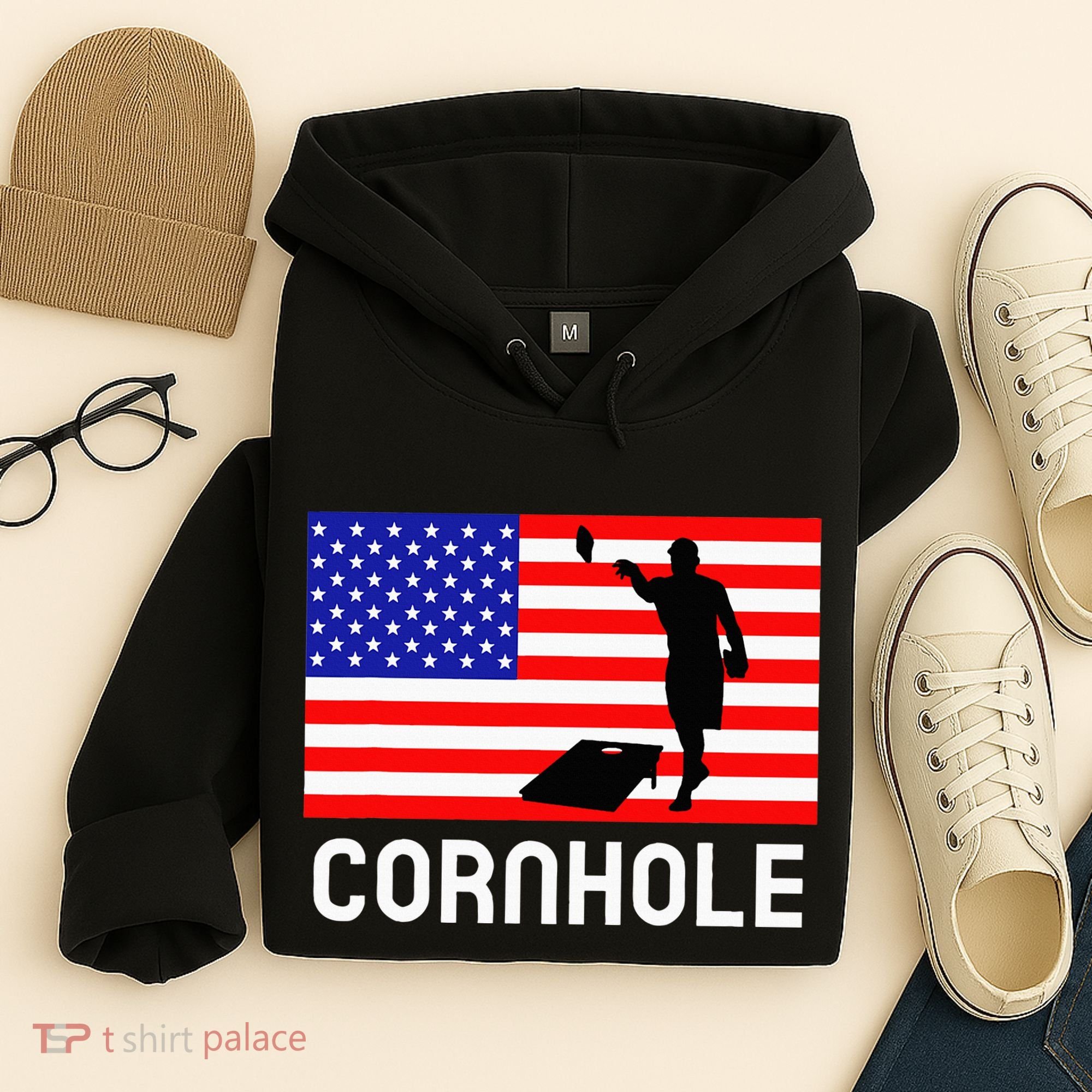 Cornhole Board Game Women American Flag Corn Hole Player Hoodie