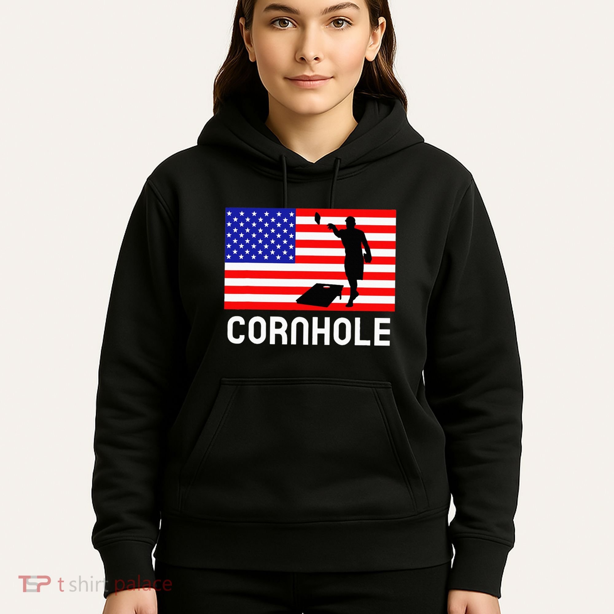 Cornhole Board Game Women American Flag Corn Hole Player Hoodie