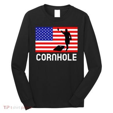 Cornhole Board Game Women American Flag Corn Hole Player Long Sleeve Shirt