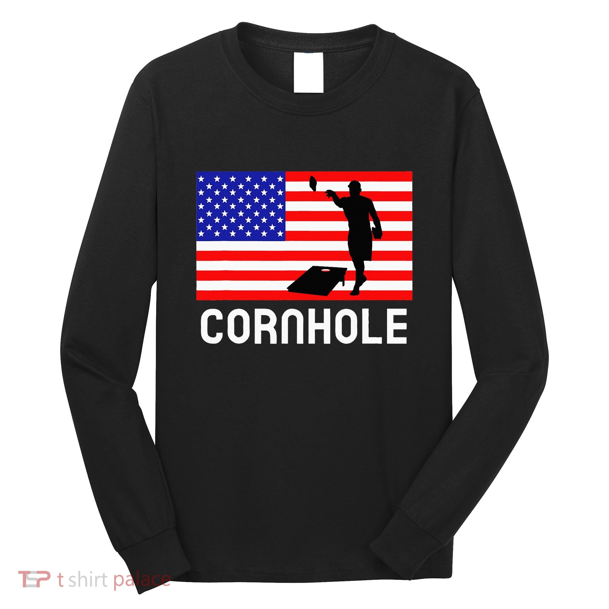 Cornhole Board Game Women American Flag Corn Hole Player Long Sleeve Shirt