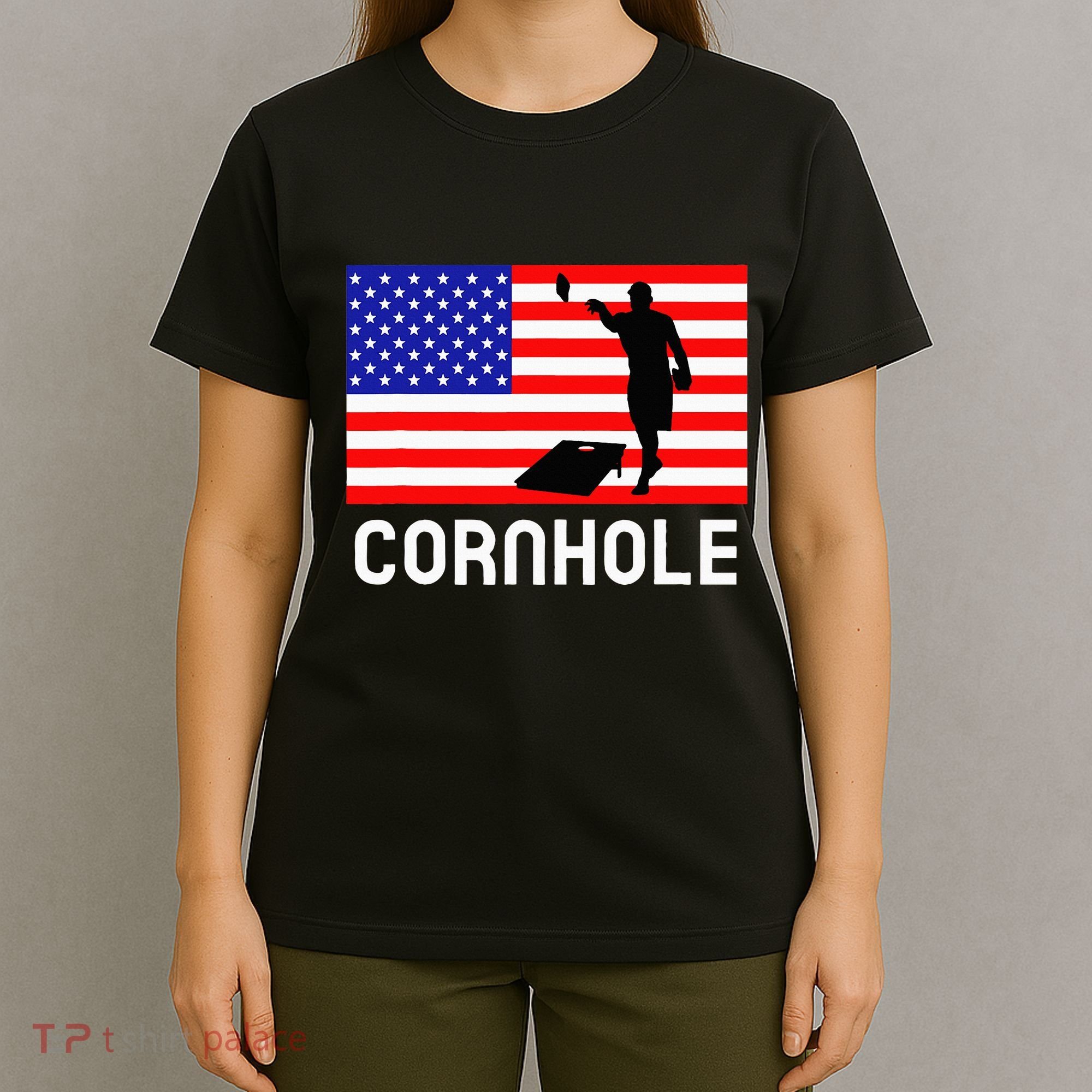 Cornhole Board Game Women American Flag Corn Hole Player T-Shirt