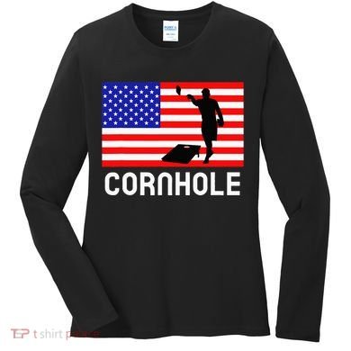 Cornhole Board Game Women American Flag Corn Hole Player Women's Long Sleeve Shirt