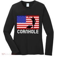 Cornhole Board Game Women American Flag Corn Hole Player Women's Long Sleeve Shirt thumb 0