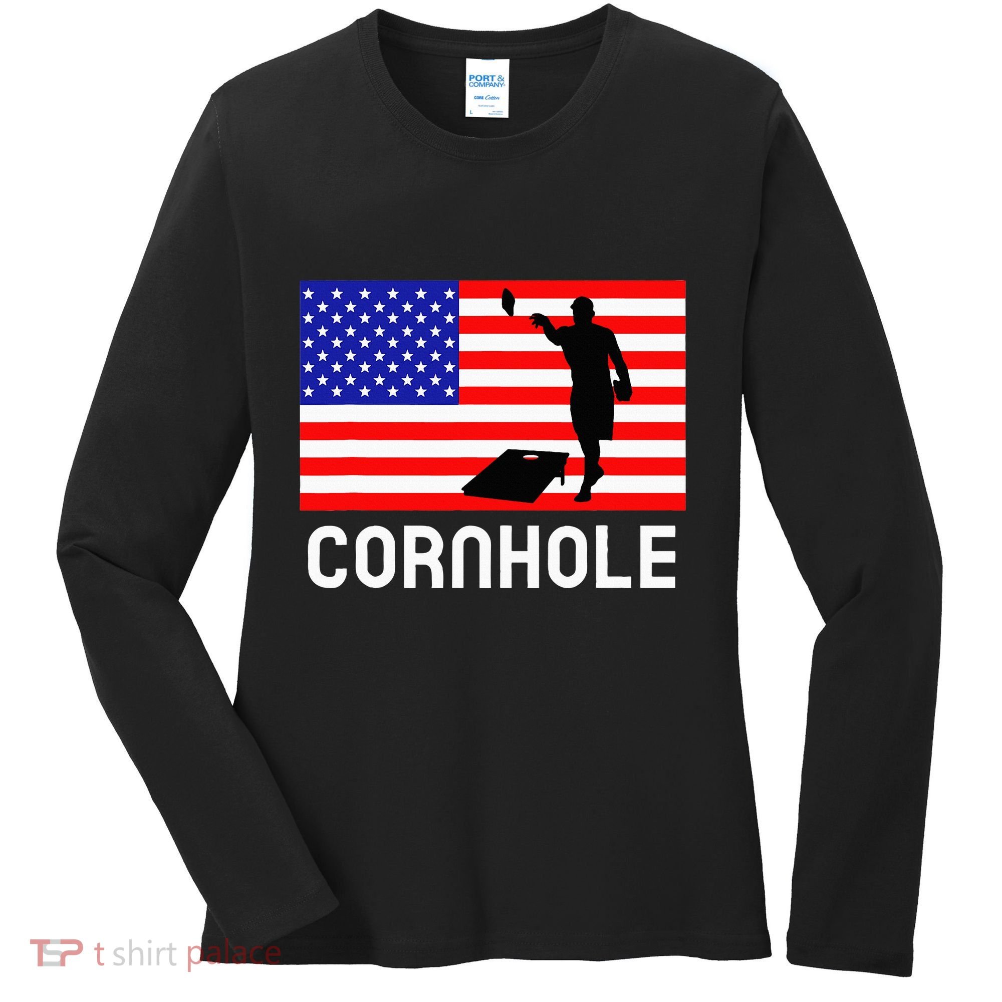 Cornhole Board Game Women American Flag Corn Hole Player Women's Long Sleeve Shirt