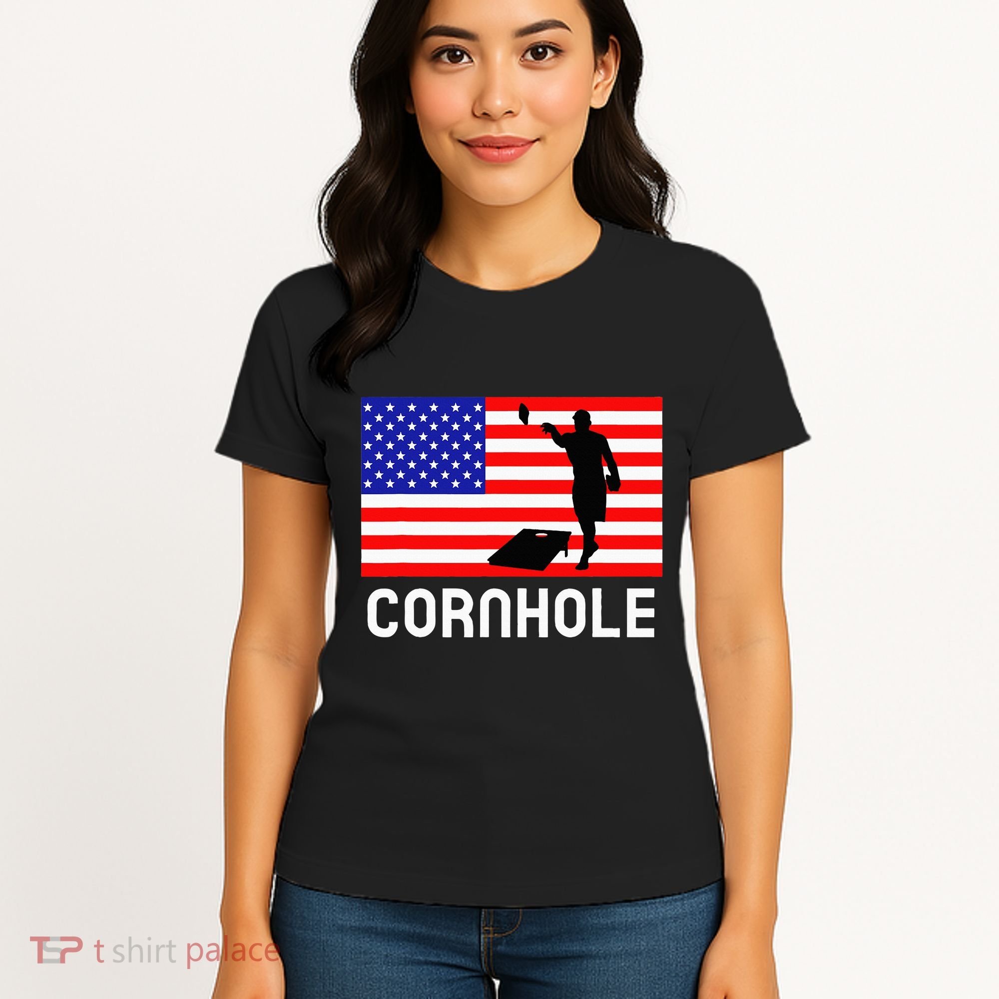 Cornhole Board Game Women American Flag Corn Hole Player Women's T-Shirt