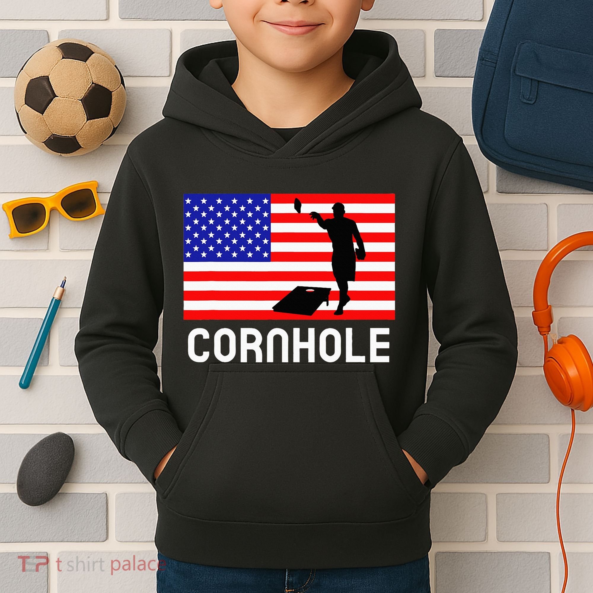 Cornhole Board Game Women American Flag Corn Hole Player Kids Hoodie
