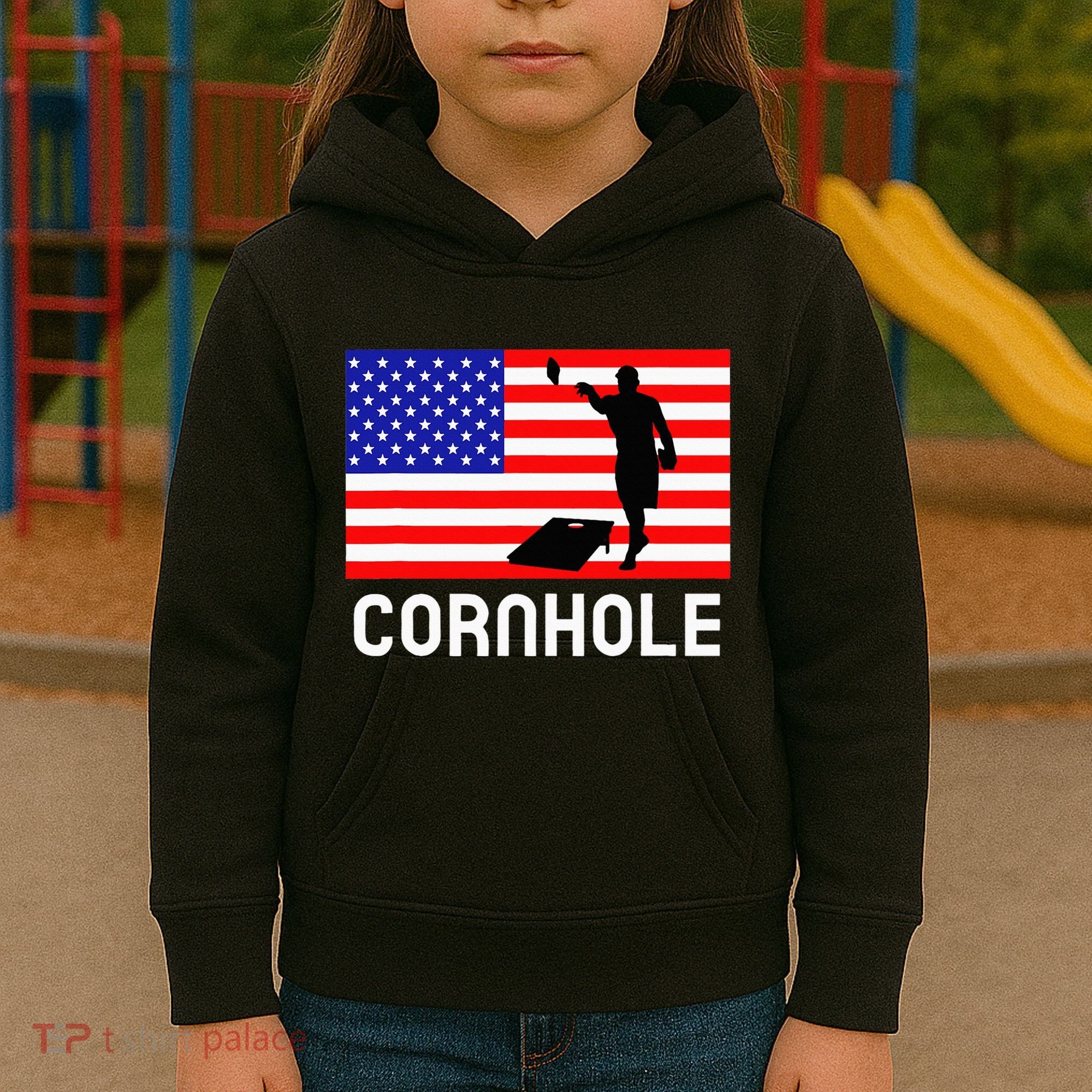 Cornhole Board Game Women American Flag Corn Hole Player Kids Hoodie
