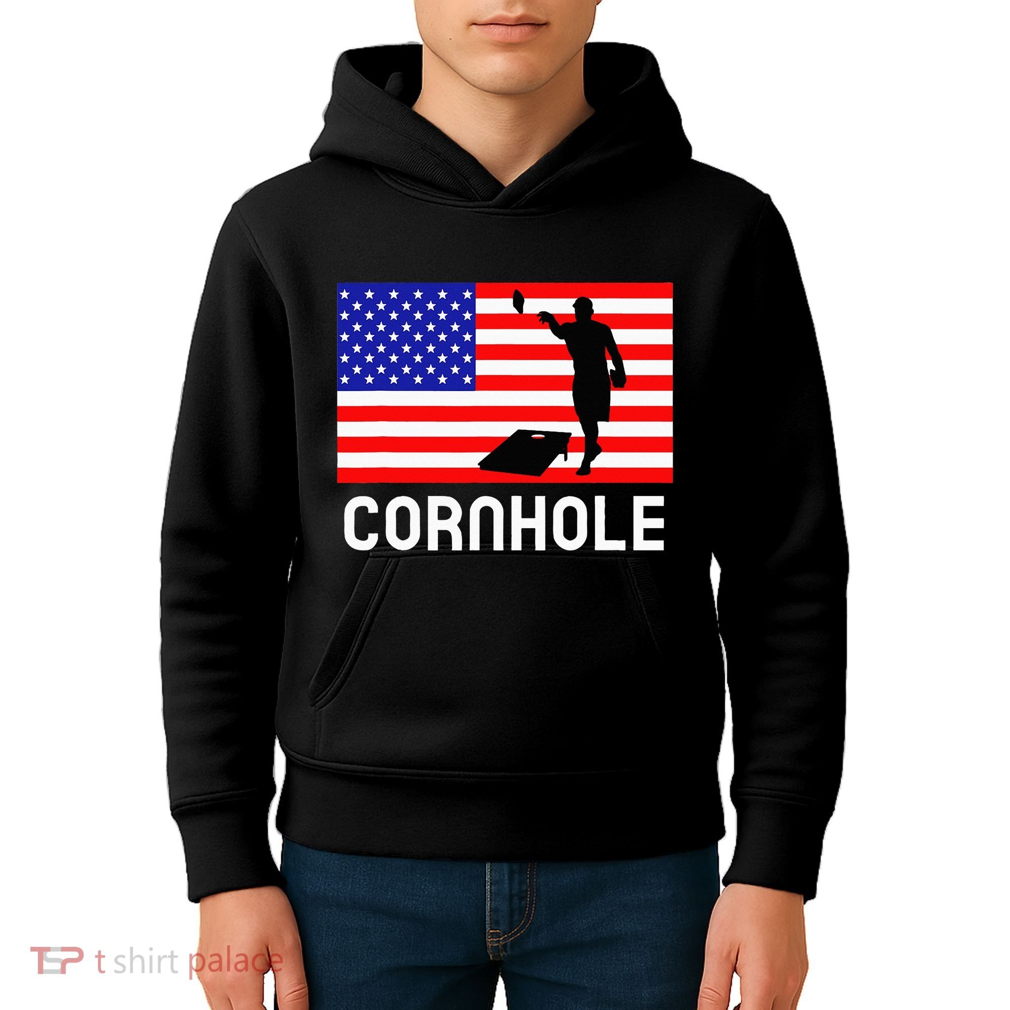Cornhole Board Game Women American Flag Corn Hole Player Kids Hoodie