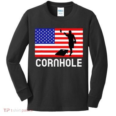 Cornhole Board Game Women American Flag Corn Hole Player Kids Long Sleeve Shirt