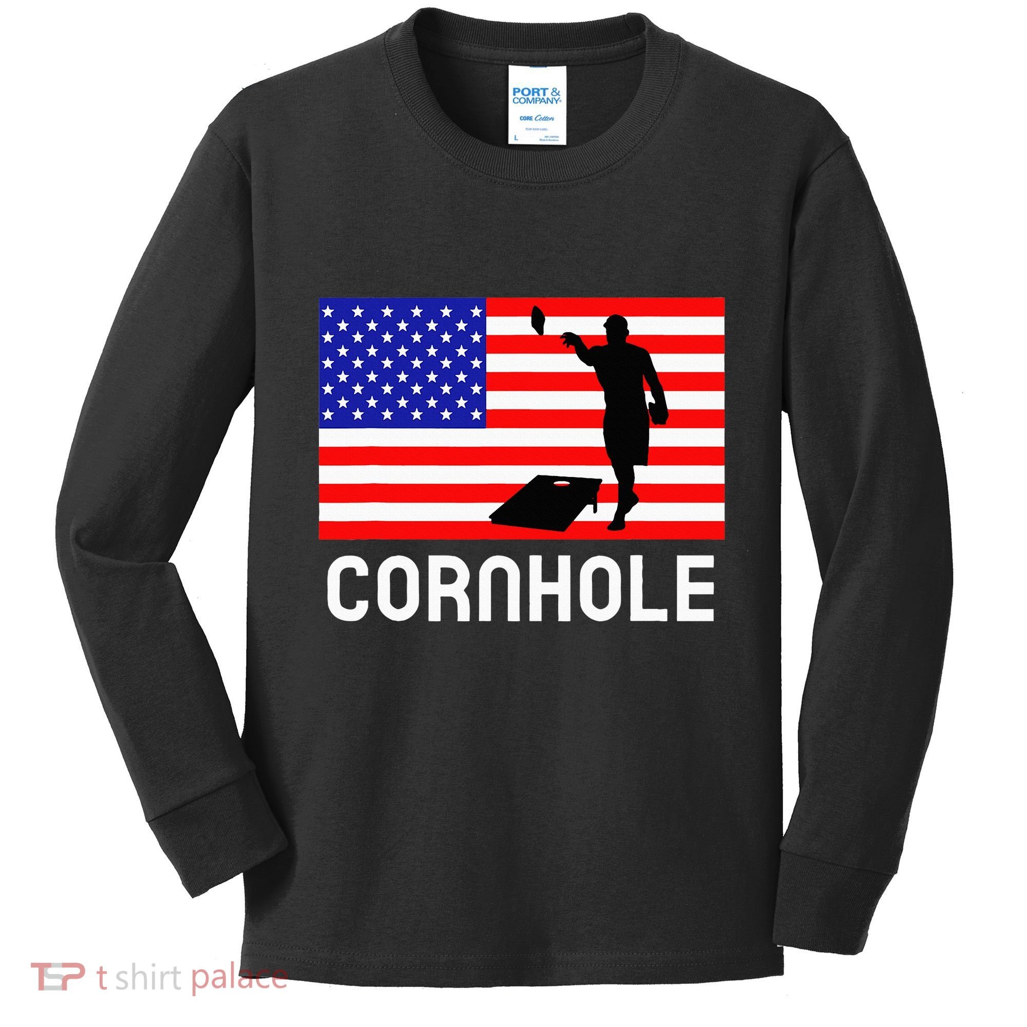 Cornhole Board Game Women American Flag Corn Hole Player Kids Long Sleeve Shirt