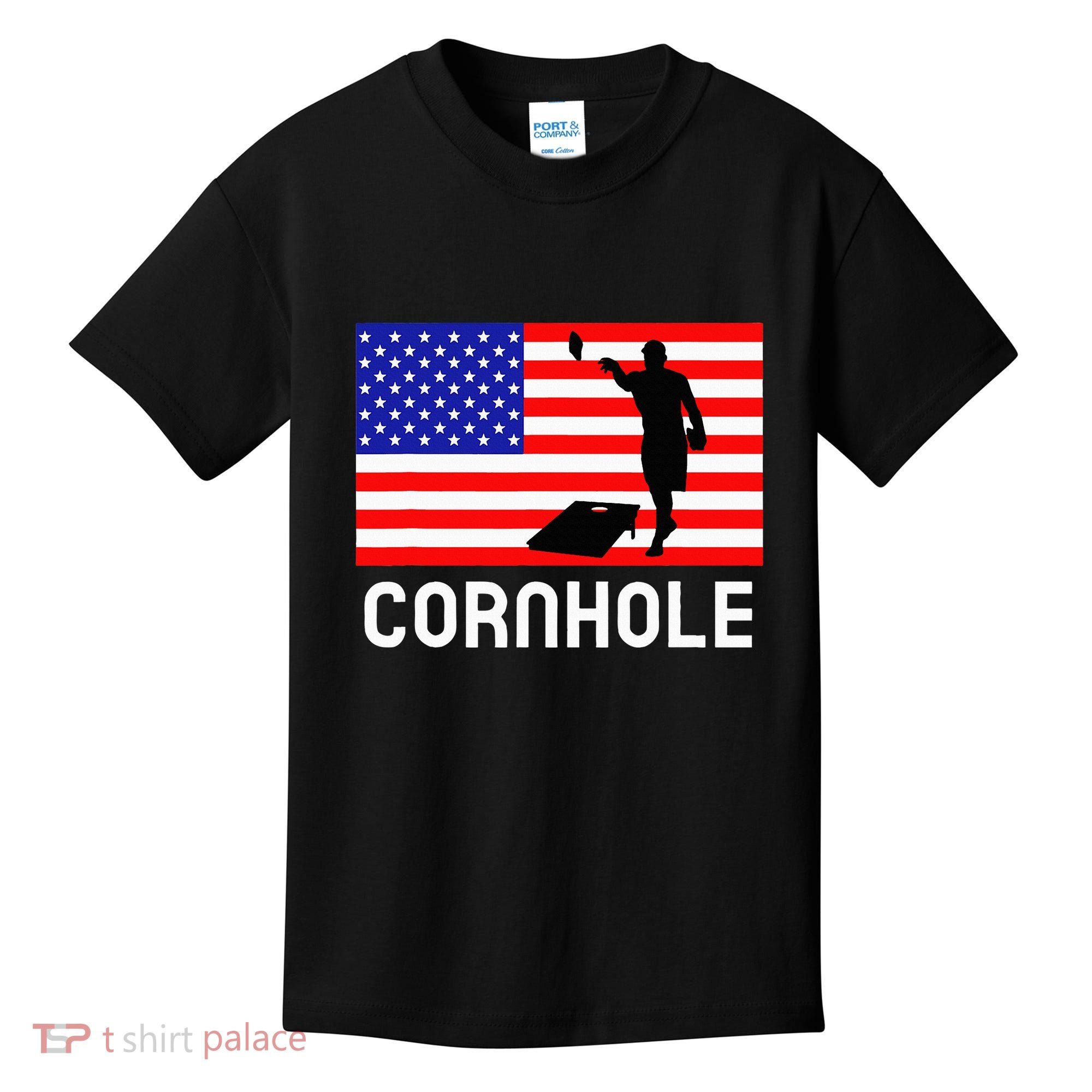 Cornhole Board Game Women American Flag Corn Hole Player Kids T-Shirt