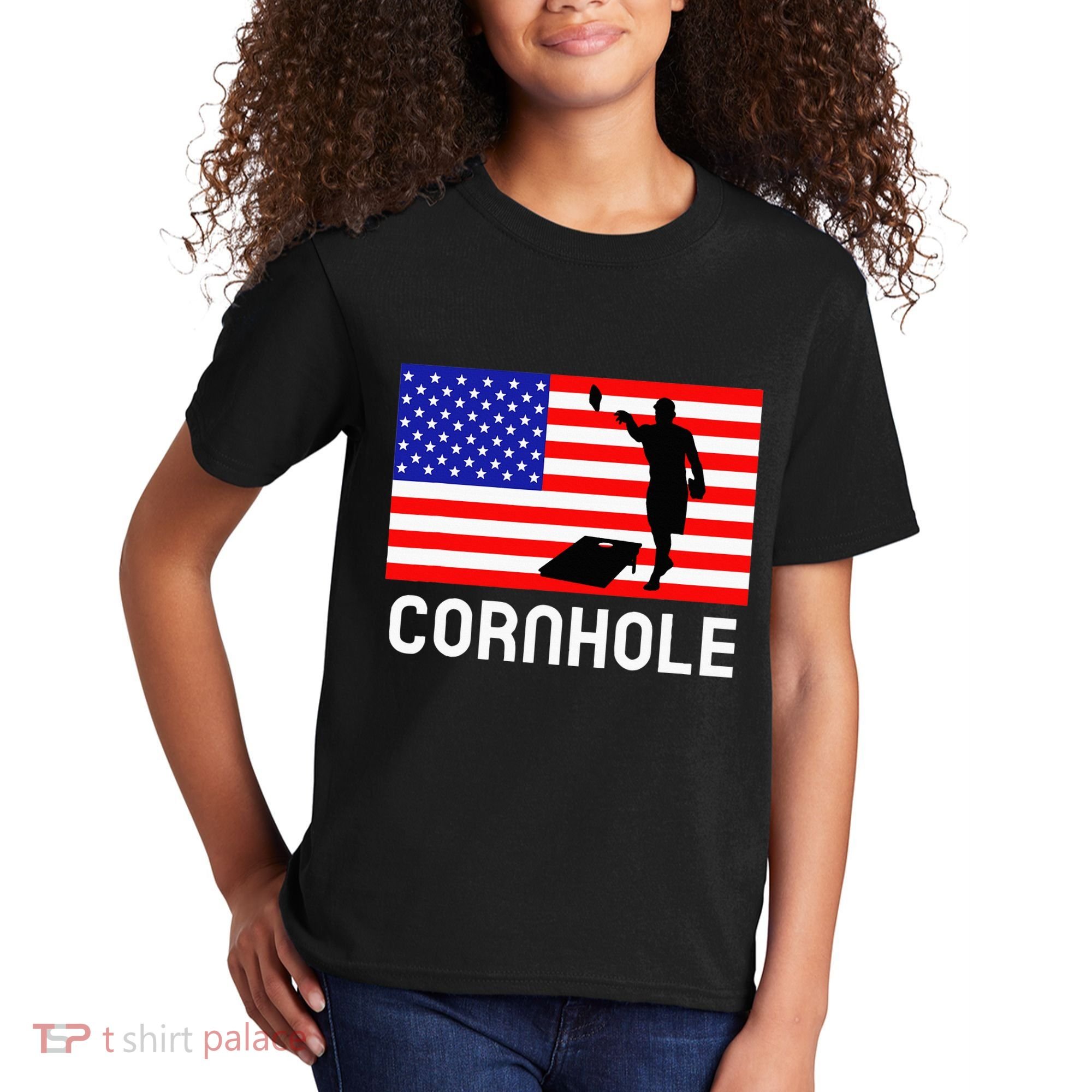 Cornhole Board Game Women American Flag Corn Hole Player Kids T-Shirt