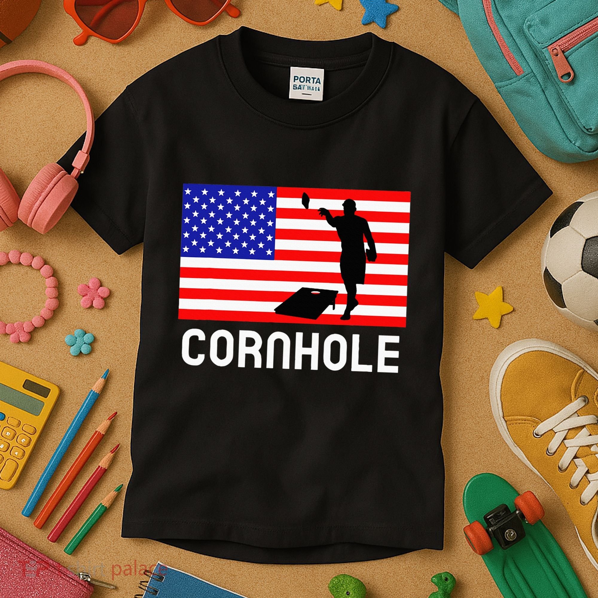 Cornhole Board Game Women American Flag Corn Hole Player Kids T-Shirt