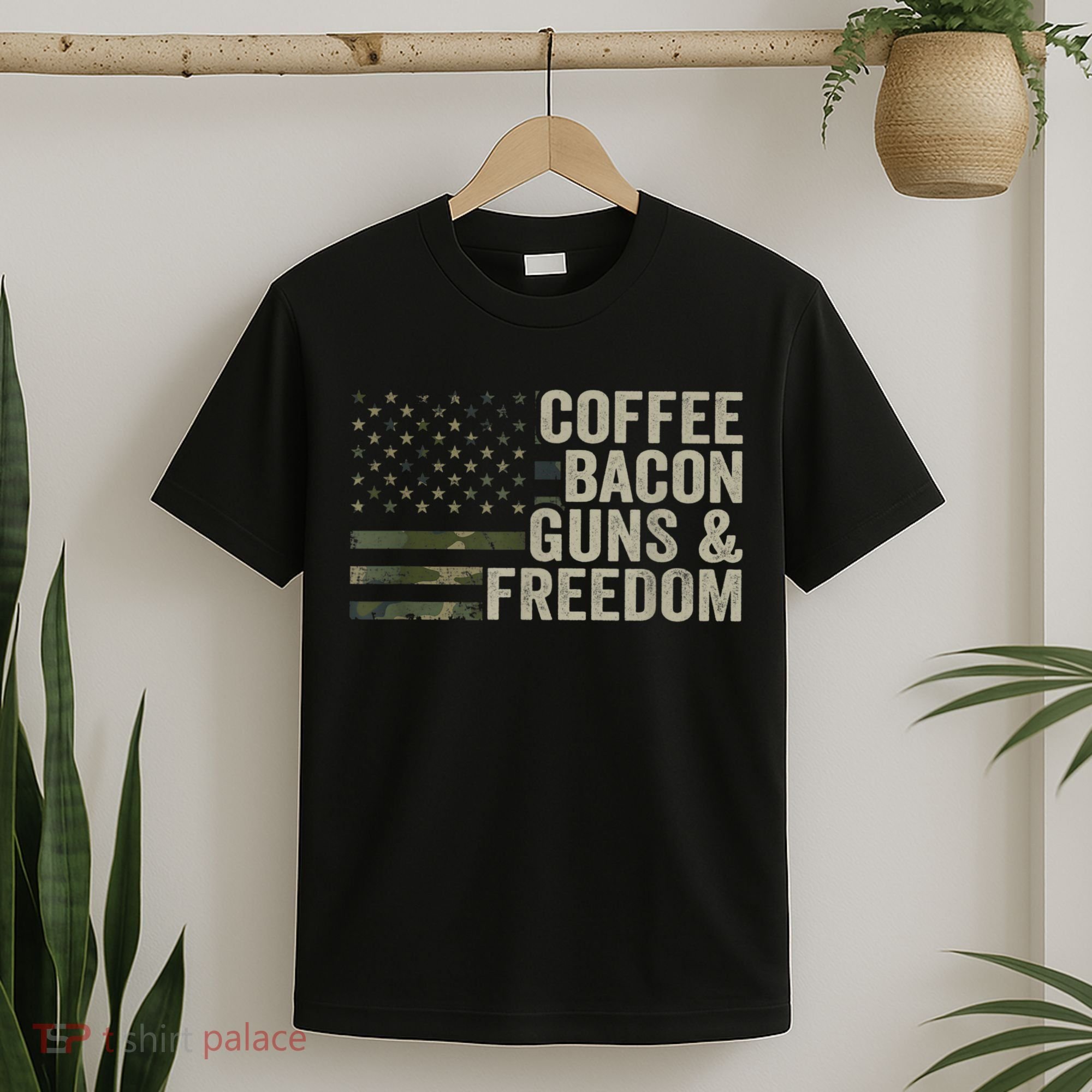 Coffee Bacon Guns & Freedom BBQ Grill Gun Camouflage Flag T-Shirt