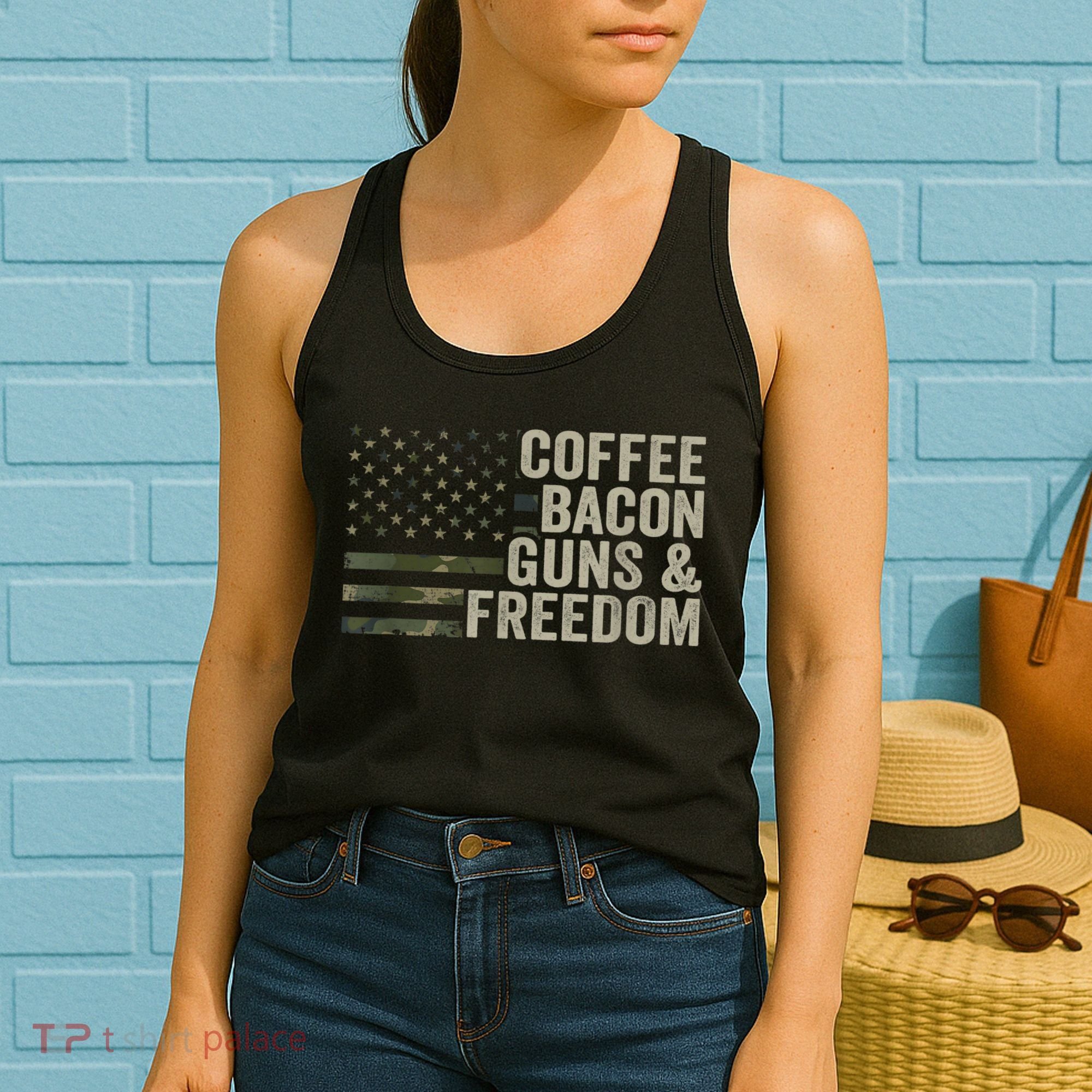 Coffee Bacon Guns & Freedom BBQ Grill Gun Camouflage Flag Women's Tank Top