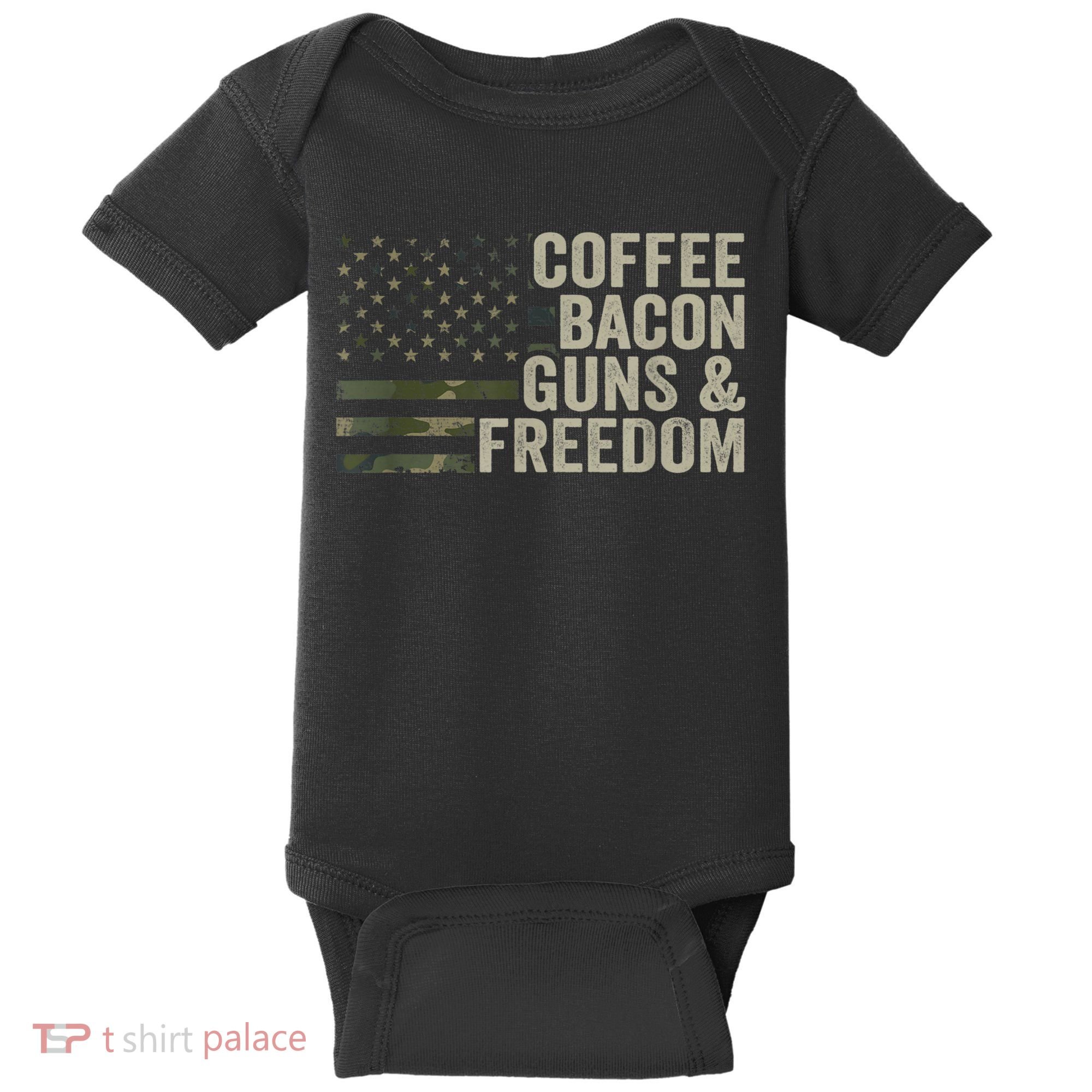 Coffee Bacon Guns & Freedom BBQ Grill Gun Camouflage Flag Baby Bodysuit