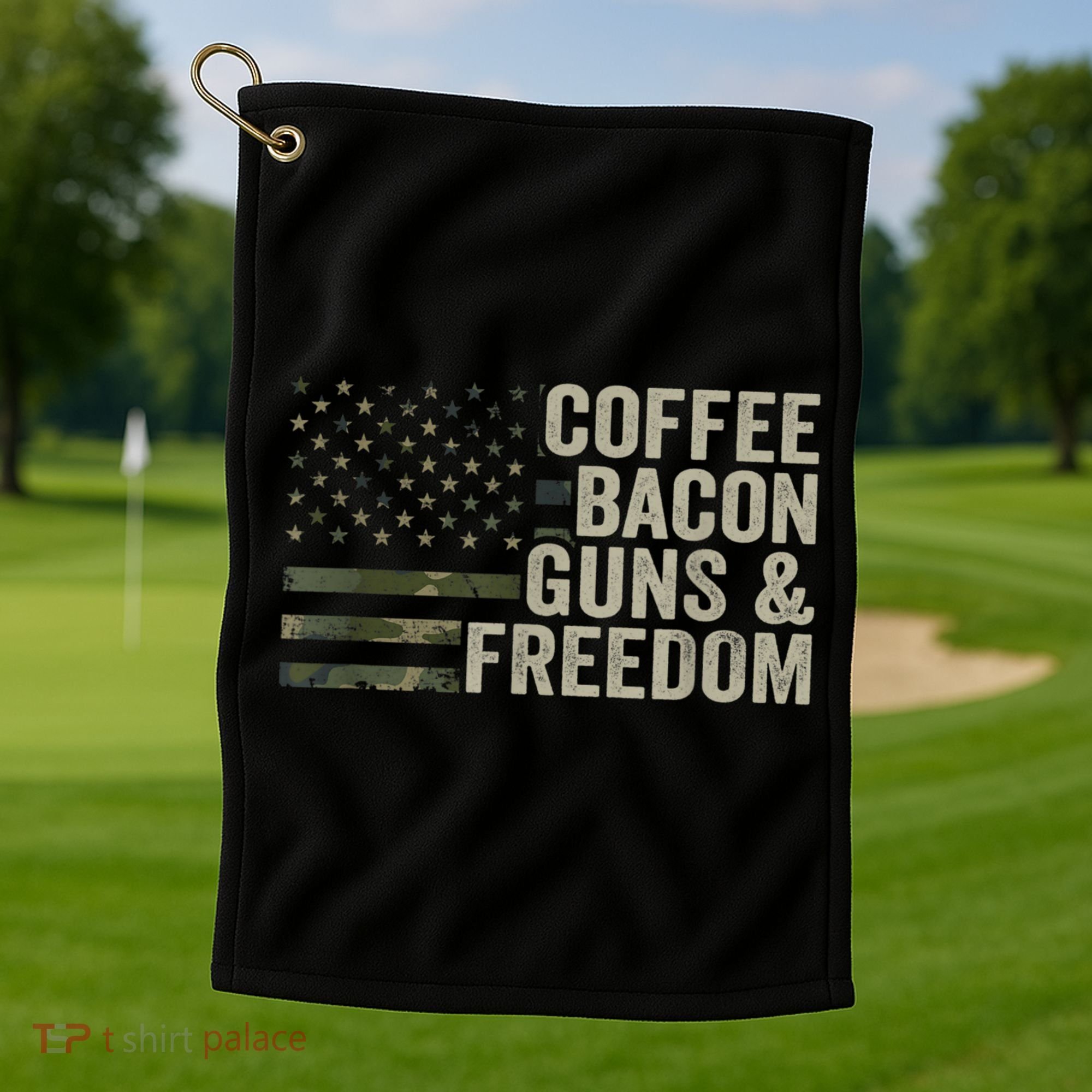 Coffee Bacon Guns & Freedom BBQ Grill Gun Camouflage Flag Golf Towel