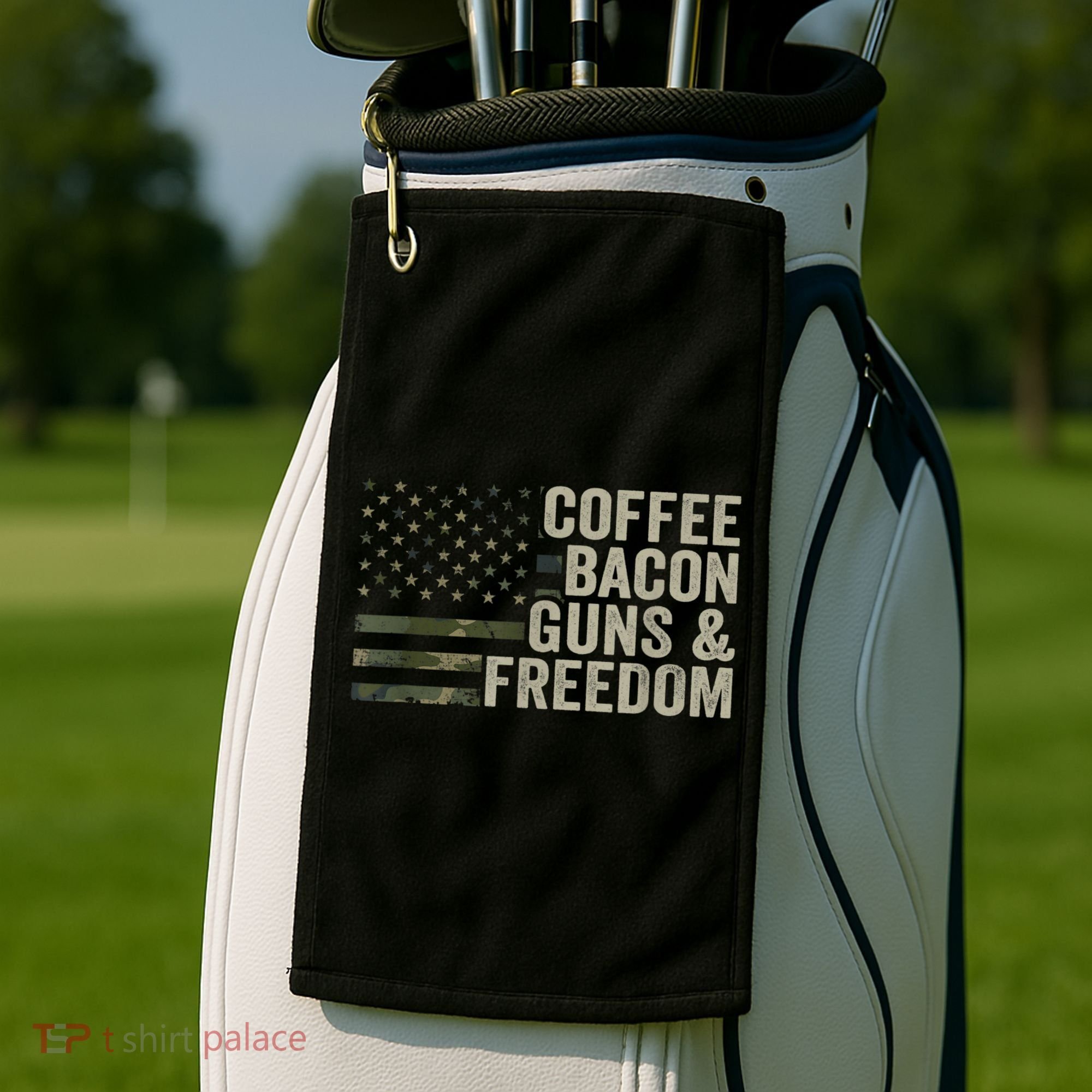 Coffee Bacon Guns & Freedom BBQ Grill Gun Camouflage Flag Golf Towel