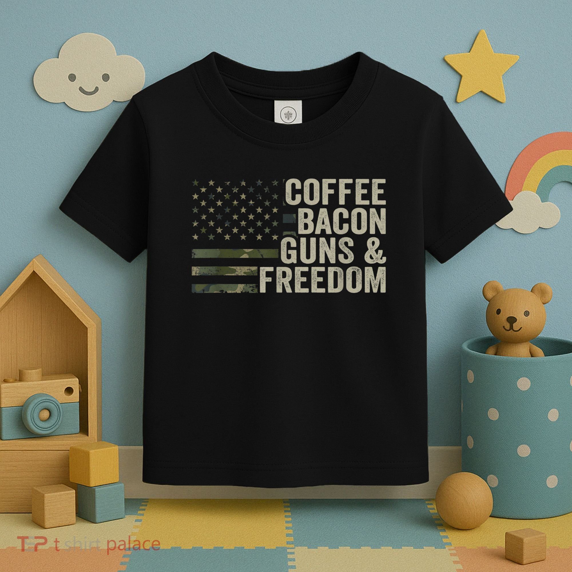 Coffee Bacon Guns & Freedom BBQ Grill Gun Camouflage Flag Toddler T-Shirt