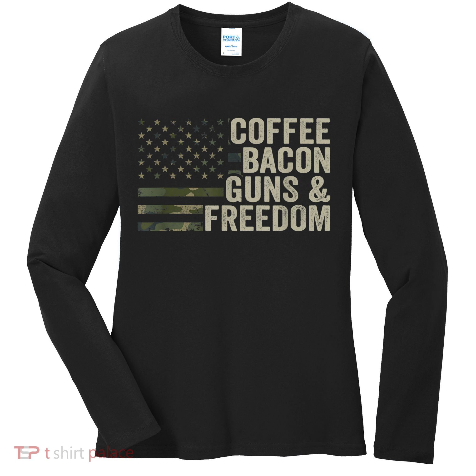 Coffee Bacon Guns & Freedom BBQ Grill Gun Camouflage Flag Women's Long Sleeve Shirt