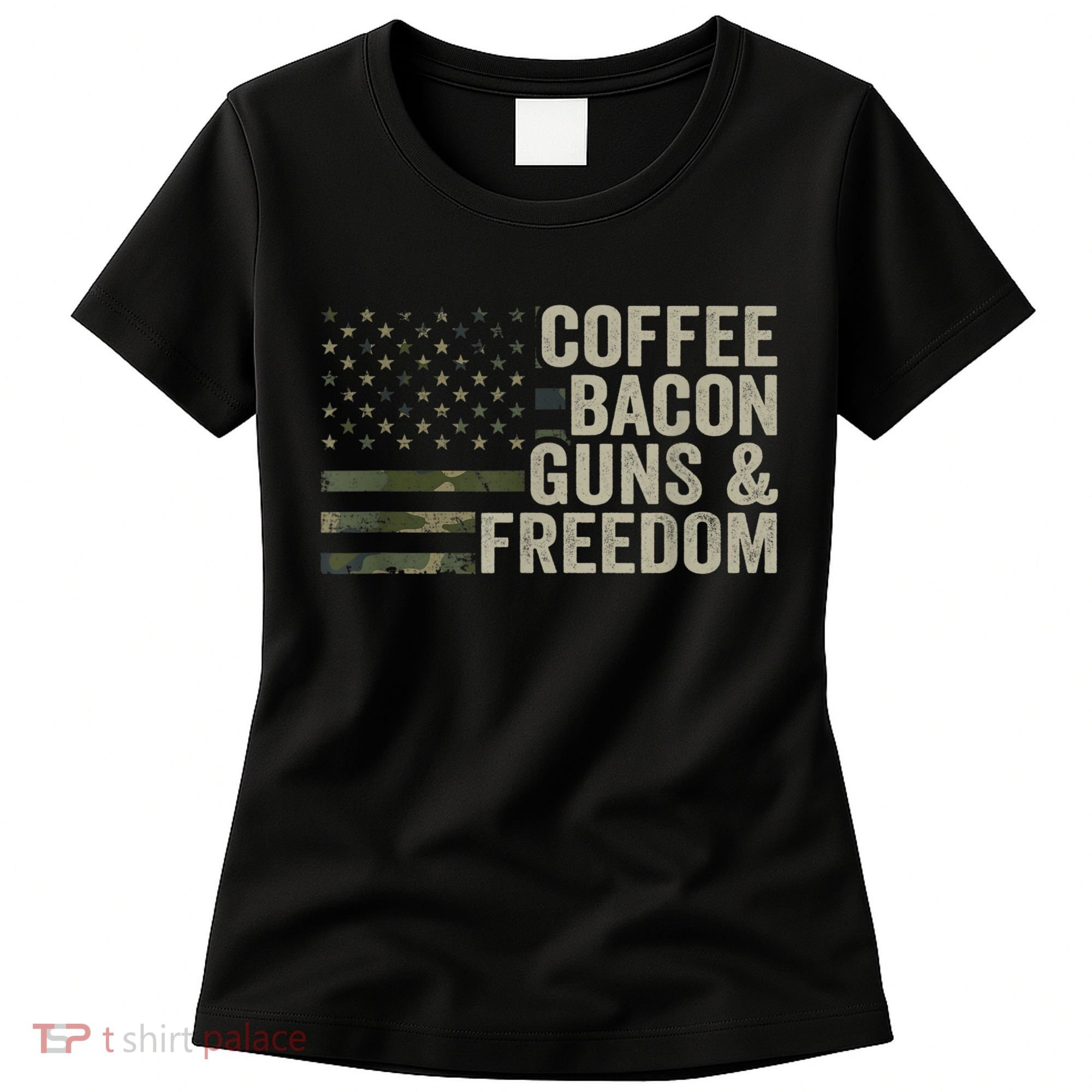 Coffee Bacon Guns & Freedom BBQ Grill Gun Camouflage Flag Women's T-Shirt
