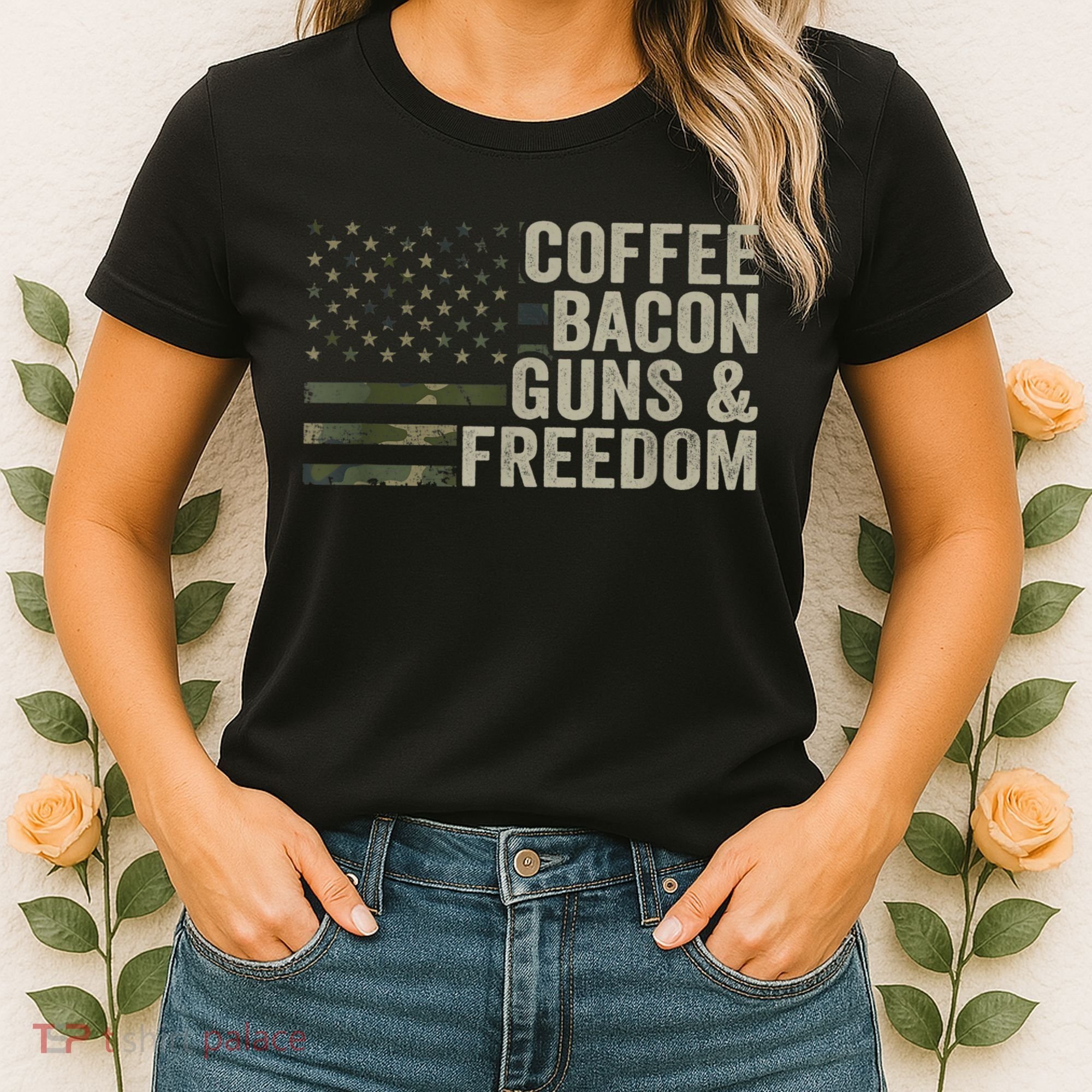 Coffee Bacon Guns & Freedom BBQ Grill Gun Camouflage Flag Women's T-Shirt