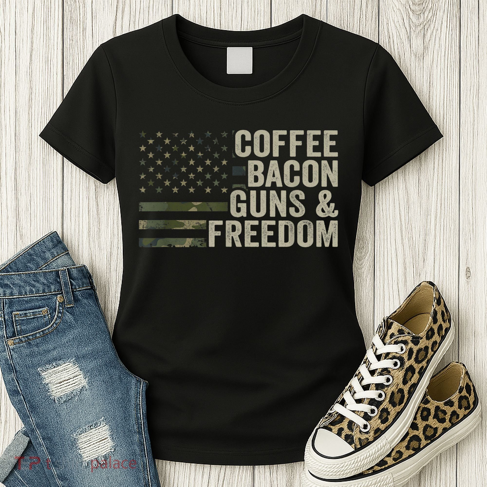 Coffee Bacon Guns & Freedom BBQ Grill Gun Camouflage Flag Women's T-Shirt