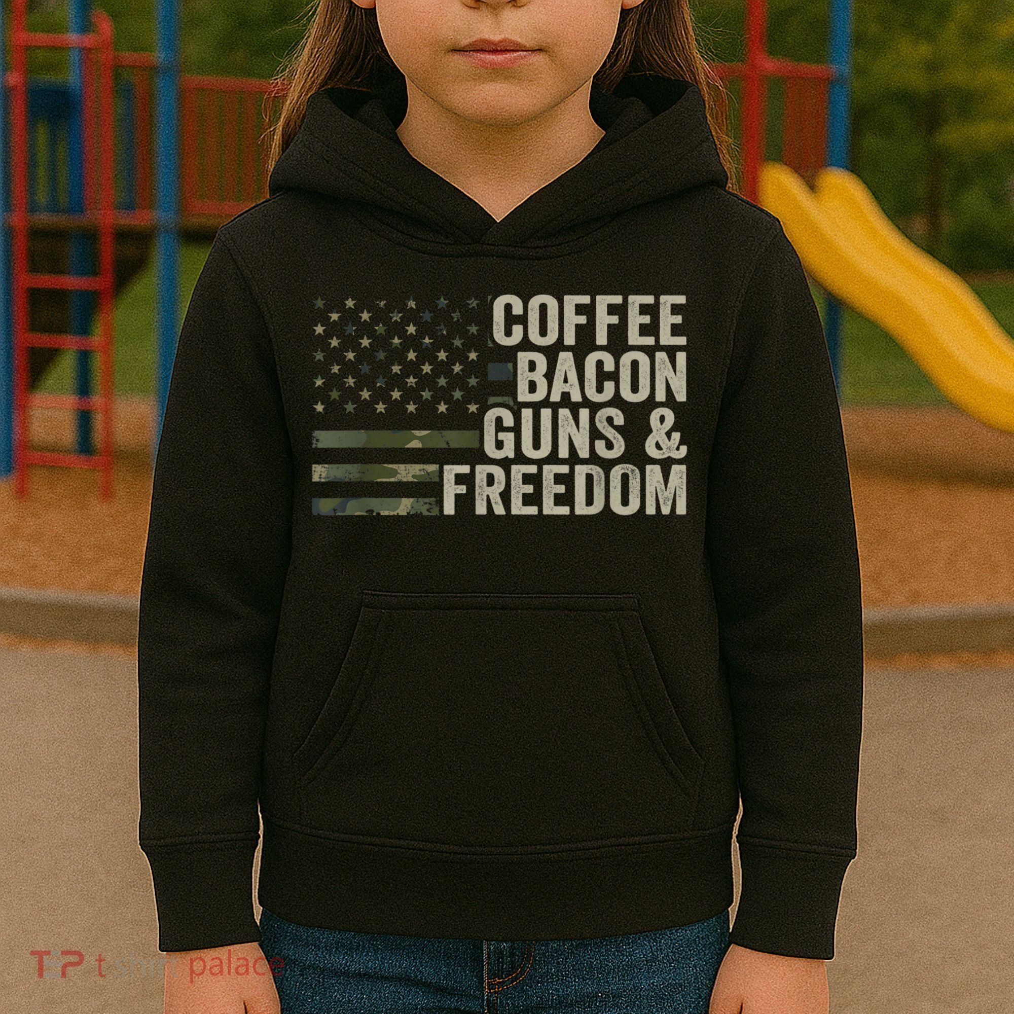 Coffee Bacon Guns & Freedom BBQ Grill Gun Camouflage Flag Kids Hoodie