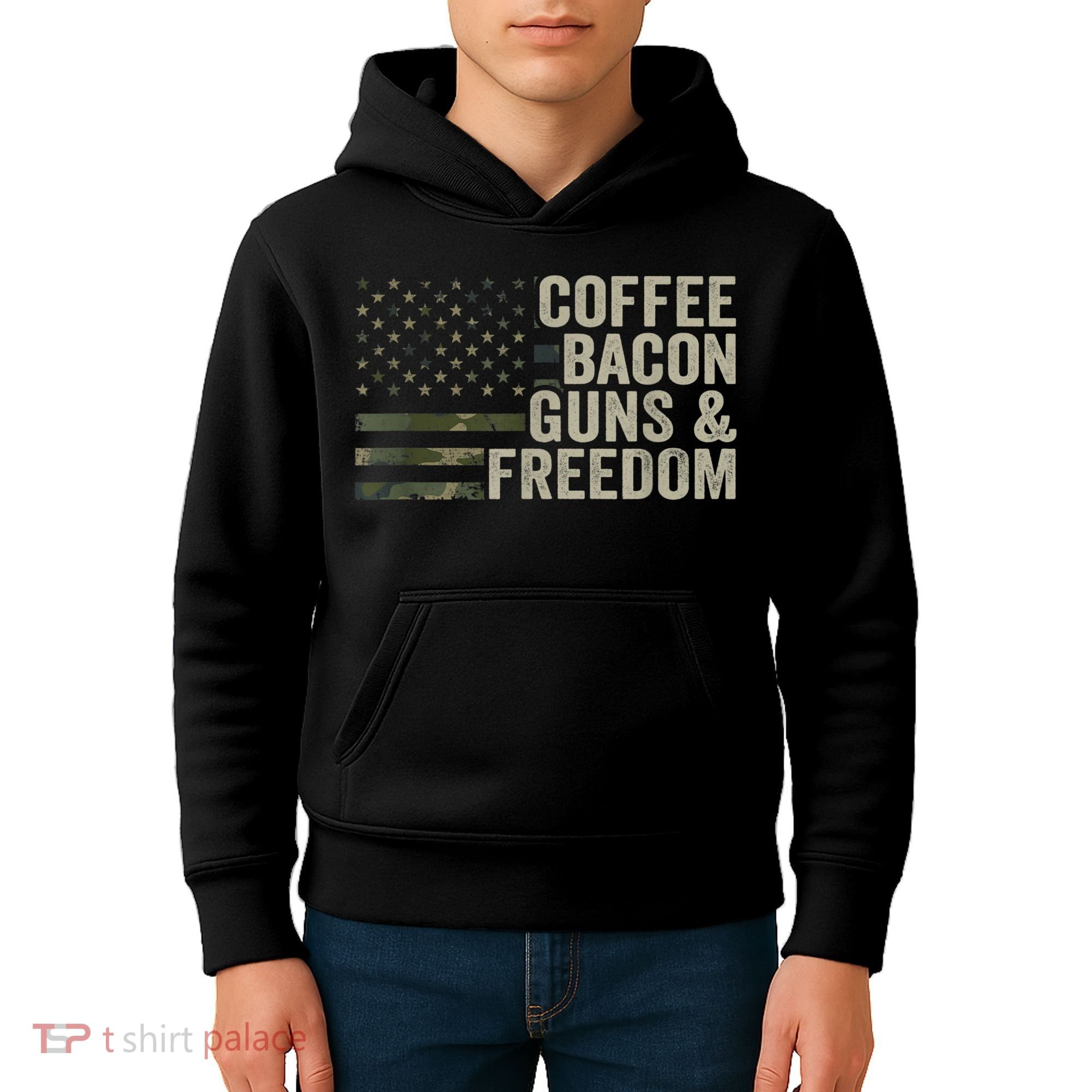 Coffee Bacon Guns & Freedom BBQ Grill Gun Camouflage Flag Kids Hoodie