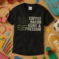 Coffee Bacon Guns & Freedom BBQ Grill Gun Camouflage Flag Kids T-Shirt thumb 3
