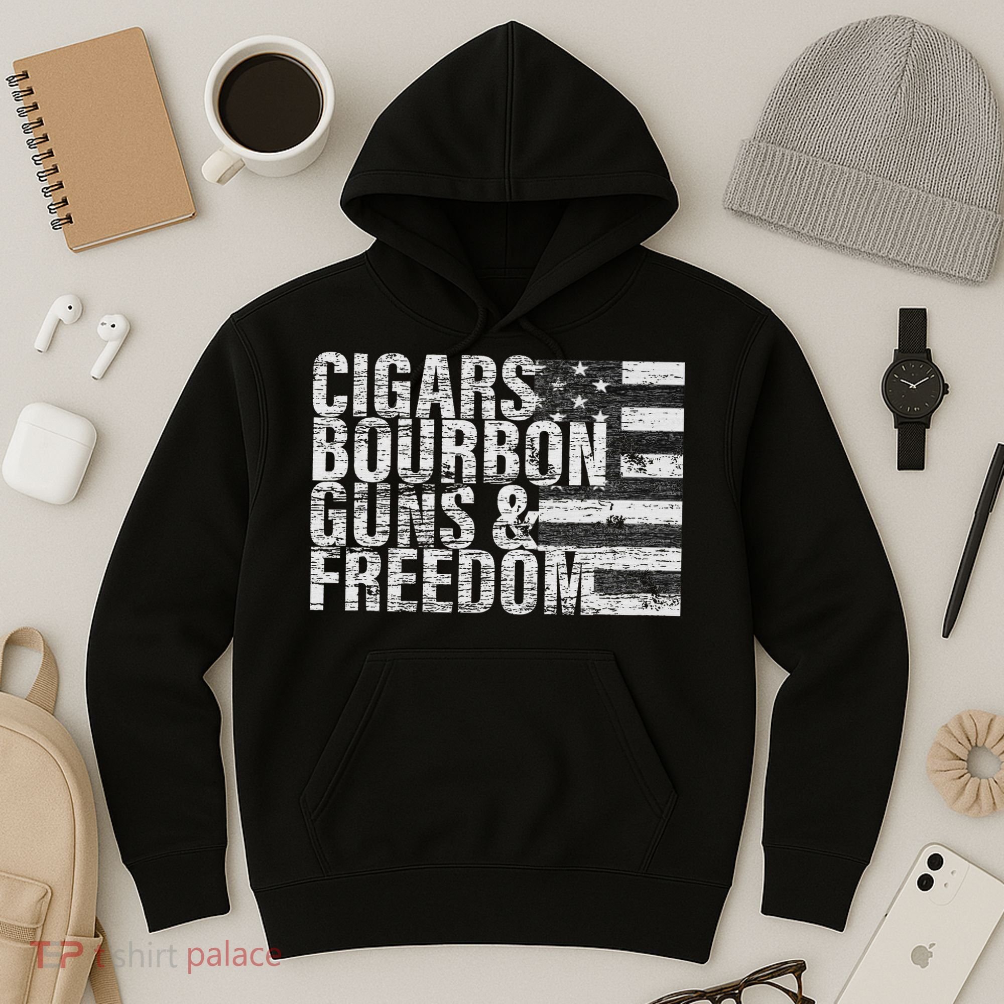 Cigars Bourbon Guns & Freedom Flag Hoodie