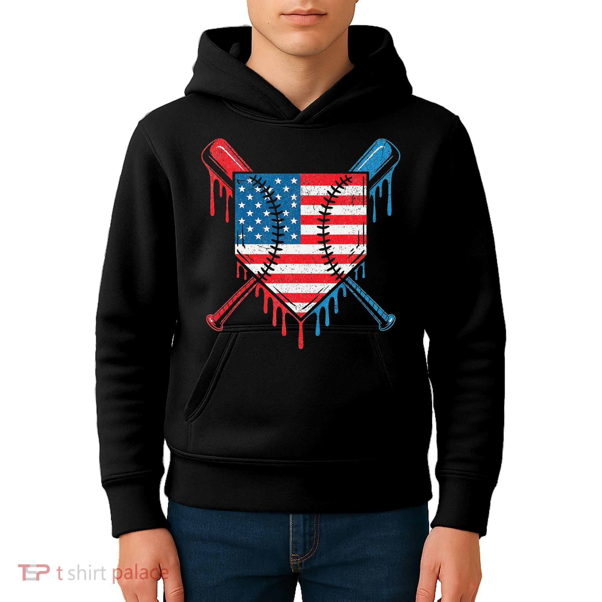 Cool Baseball Home Plate Drip Patriotic 4th Of July Kids Hoodie