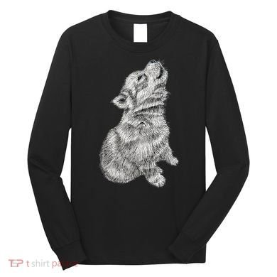 Cute Baby Howling Wolf Cub Sketch TShirt Long Sleeve Shirt