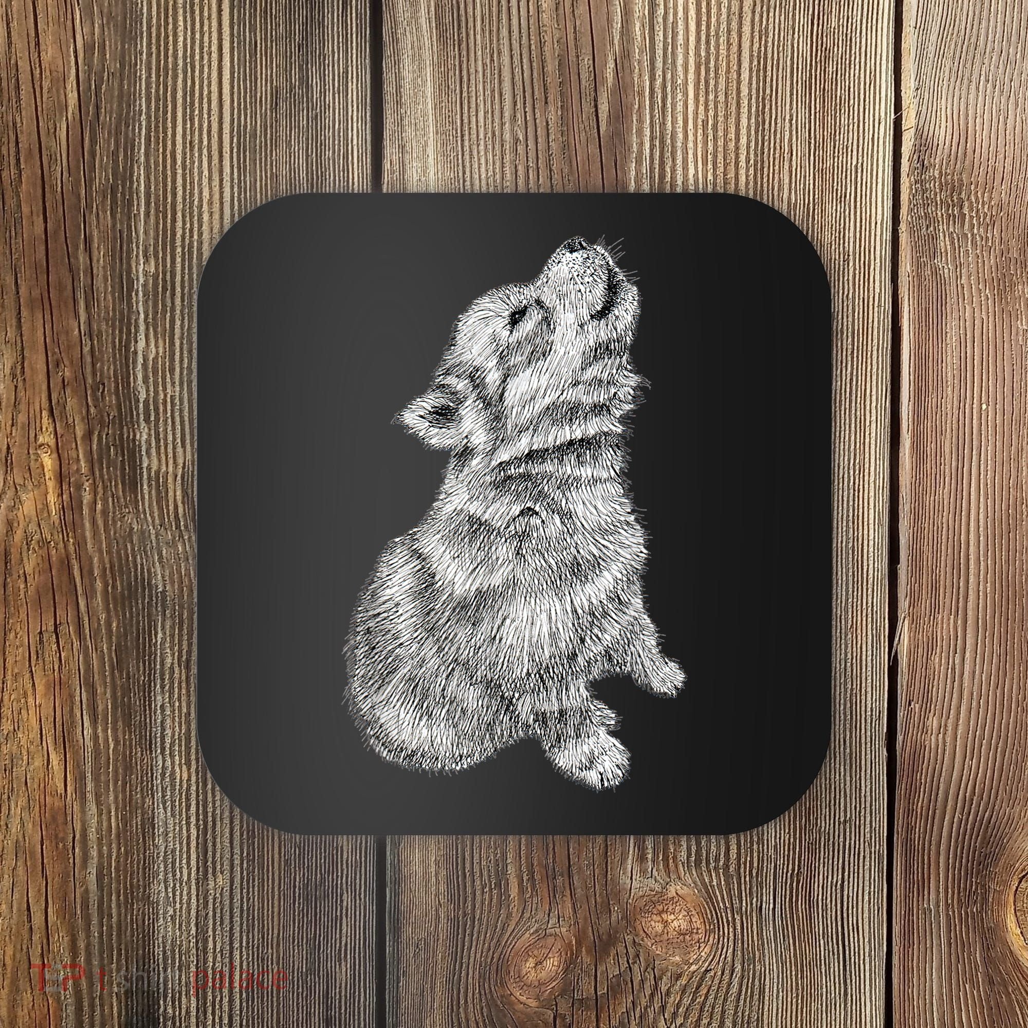 Cute Baby Howling Wolf Cub Sketch TShirt Coaster