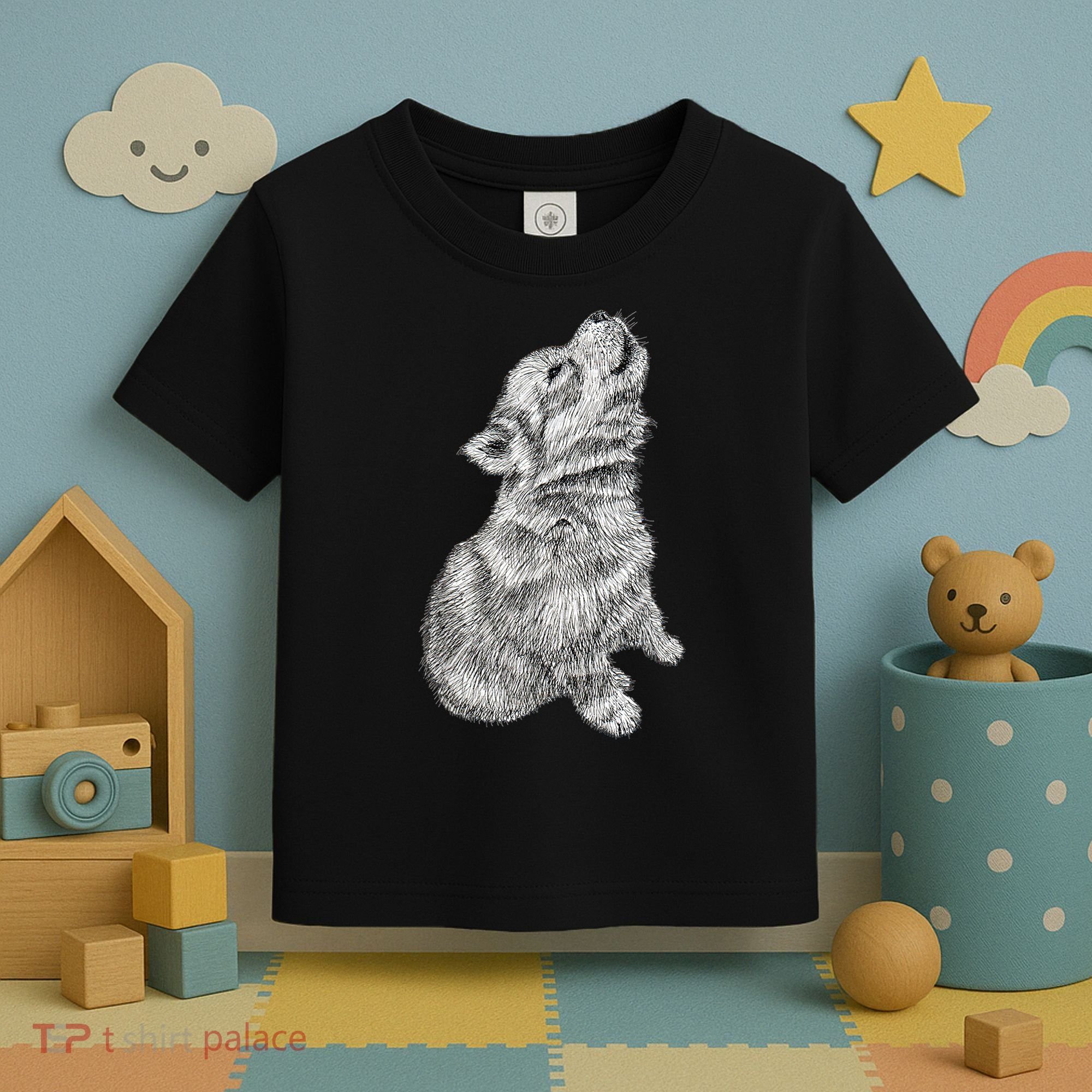 Cute Baby Howling Wolf Cub Sketch TShirt Toddler T-Shirt