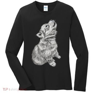 Cute Baby Howling Wolf Cub Sketch TShirt Women's Long Sleeve Shirt