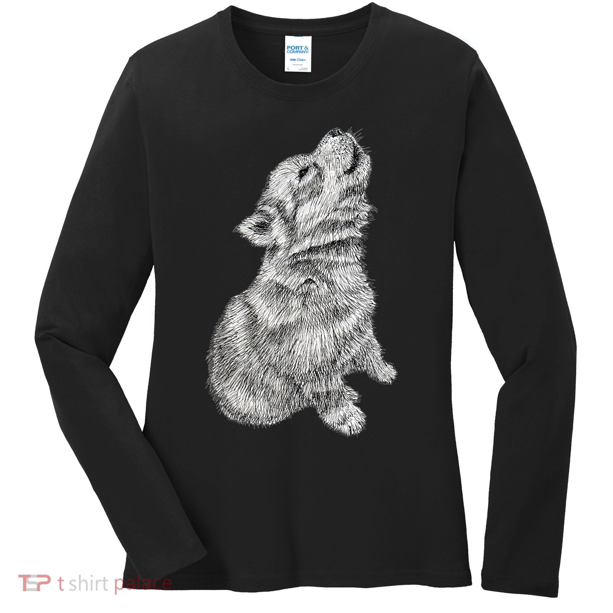 Cute Baby Howling Wolf Cub Sketch TShirt Women's Long Sleeve Shirt